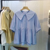 large peter pan collar short sleeve blouse women summer top casual japan harajuku solid loose shirt ruffled blouses blusas mujer