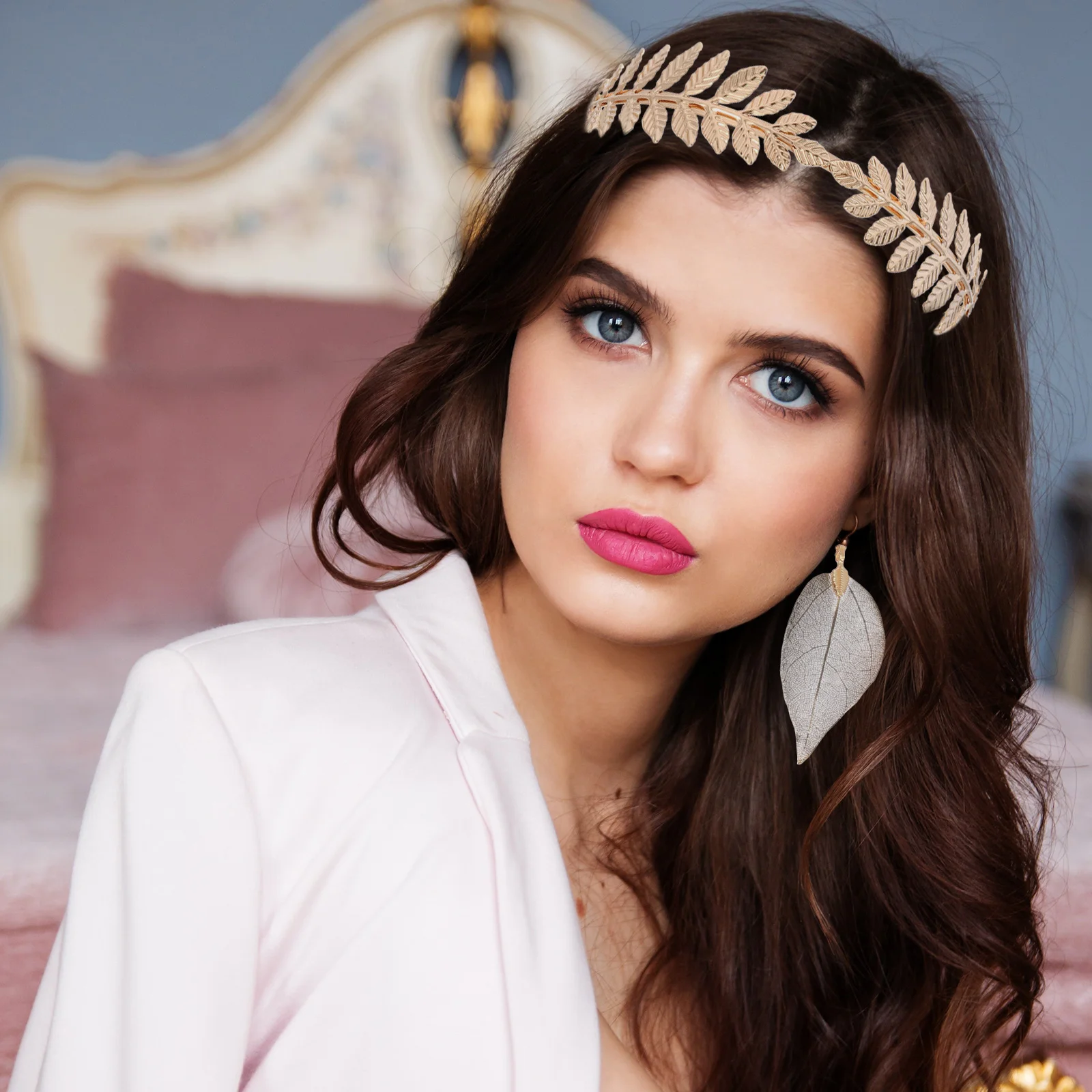 1Set Leaf Crown Headdress Armlet Earrings Bridal Jewelry Accessories Golden |