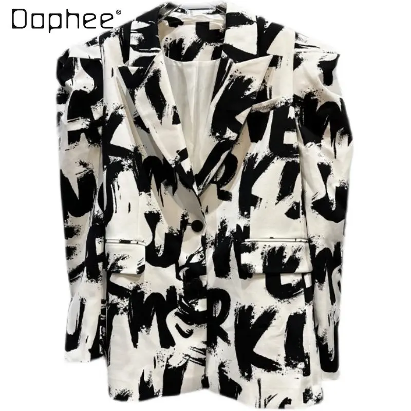 Spring New Style Letter Graffiti Design Jacket Three-Dimensional Padded Shoulder Business Suit Tailored Suit Coat for Women