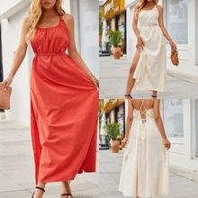 Elegante feminino o pescoço solto vestido sólido 2022 primavera novo longo tornozelo comprimento vestido senhoras casual manga curta vestidos com cinto (1)