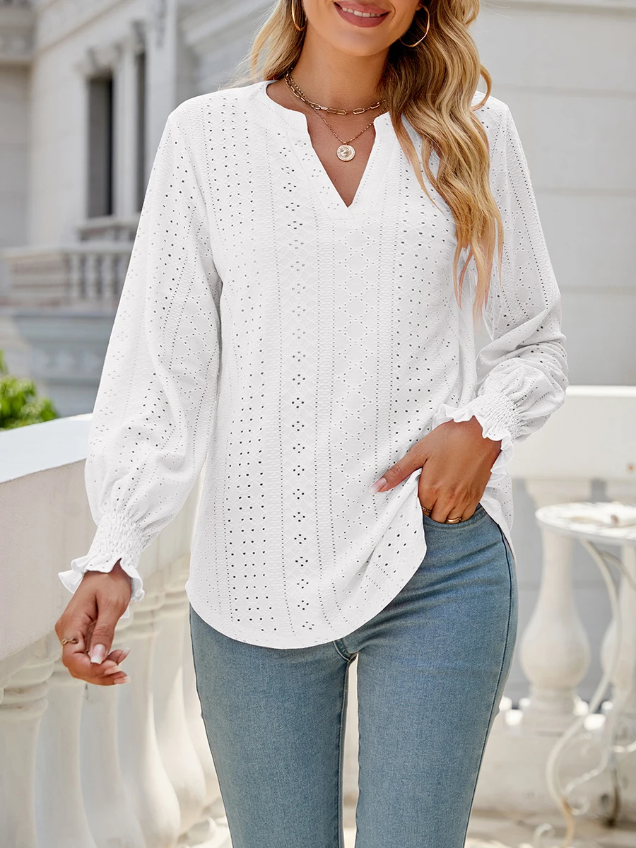 

Women Long Sleeve V-Neck Shirts Hollow-Out Ruched Cuff Loose Casual Blouses Fall Going Out Streetwear