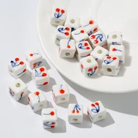 10pcs hand painted cherry ceramic beads 8mm 10mm square shape loose spacer ceramics bead for jewelry making bracelet diy