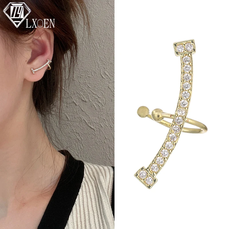 

LXOEN New Asymmetric Sparkly Long Zirconia Ear Cuff with Crystal Climber Clip Earrings Brides Jewelry Gift