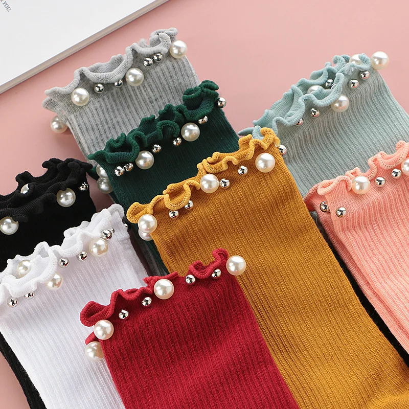 Autumn and Winter Socks New Japanese Ear Edge Beaded Socks Women's Solid Medium Socks Casual Pearl Vintage Fashion Cute Socks