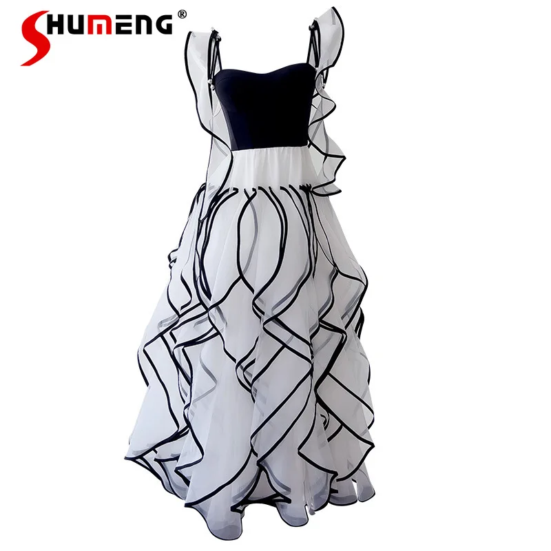 

Fashionable New Strap Dresses Elegant Black White Contrast Color Long Women's Party Socialite Midi Calf Dress Vestidos De Mujer
