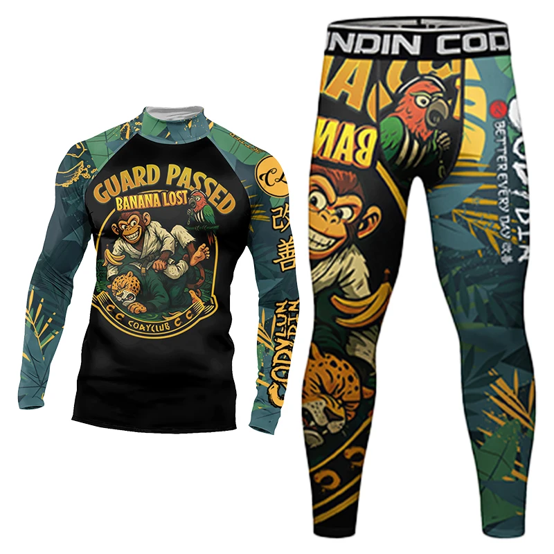 Фото Cody Lundin Man Rash Guard BJJ OEM Одежда Быстросохнущая Дышащая Боевая Бег Зеленое Золото Полный комплект Муай Тай Джиу №4