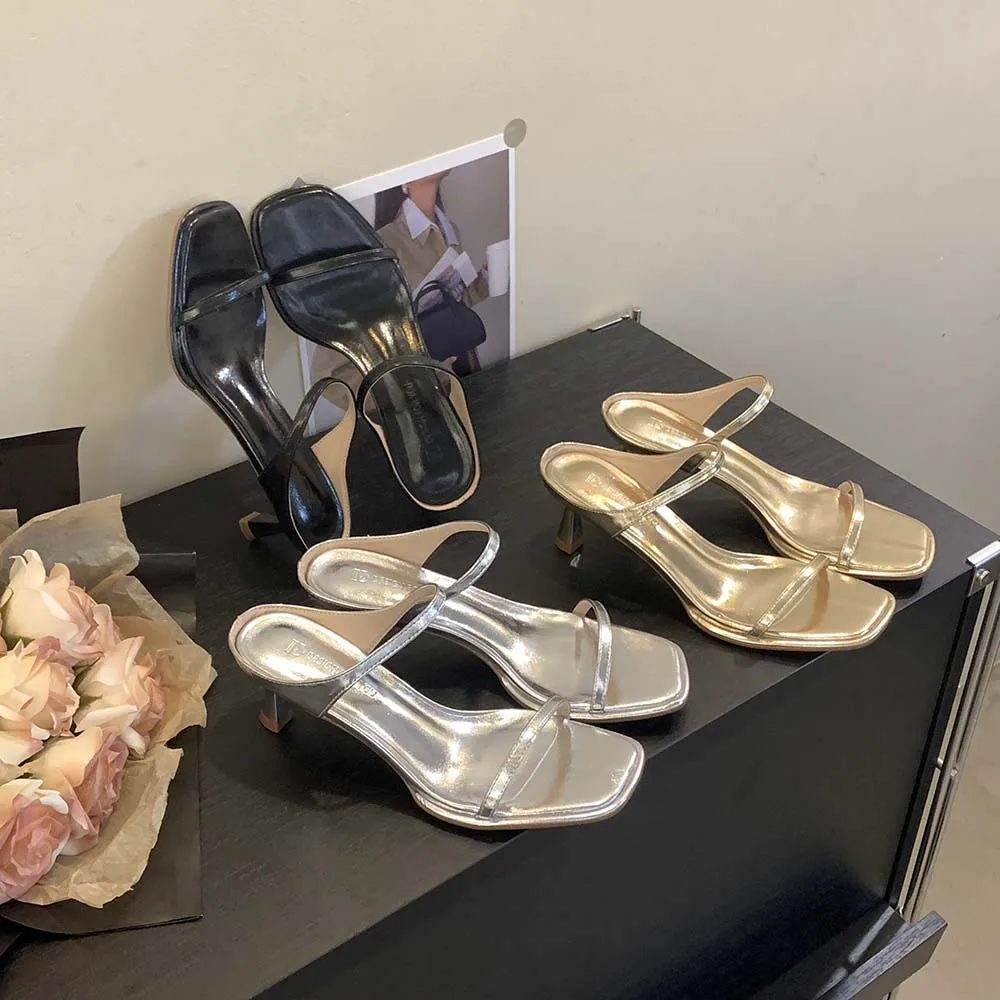 

Fashion Women Slippers Narrow Band Thin High Heels Black Gold Silver Summer Dress Sandals Slides Mules Casual Party Size 35-39