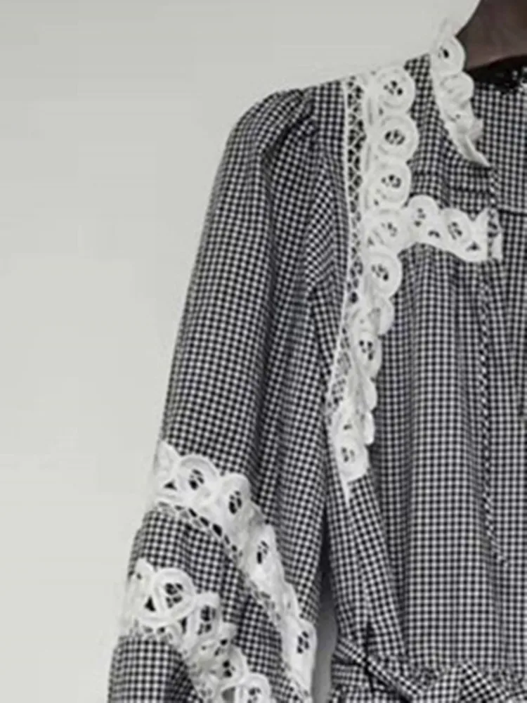 

Женское клетчатое мини-платье с кружевной строчкой, короткое платье с длинным рукавом-фонариком и оборками на завязках, новинка весны 2022