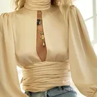 Женская блузка с длинными рукавами, однотонная Элегантная Повседневная Блузка с высоким воротником и оборками, с бретелькой через шею, 2021