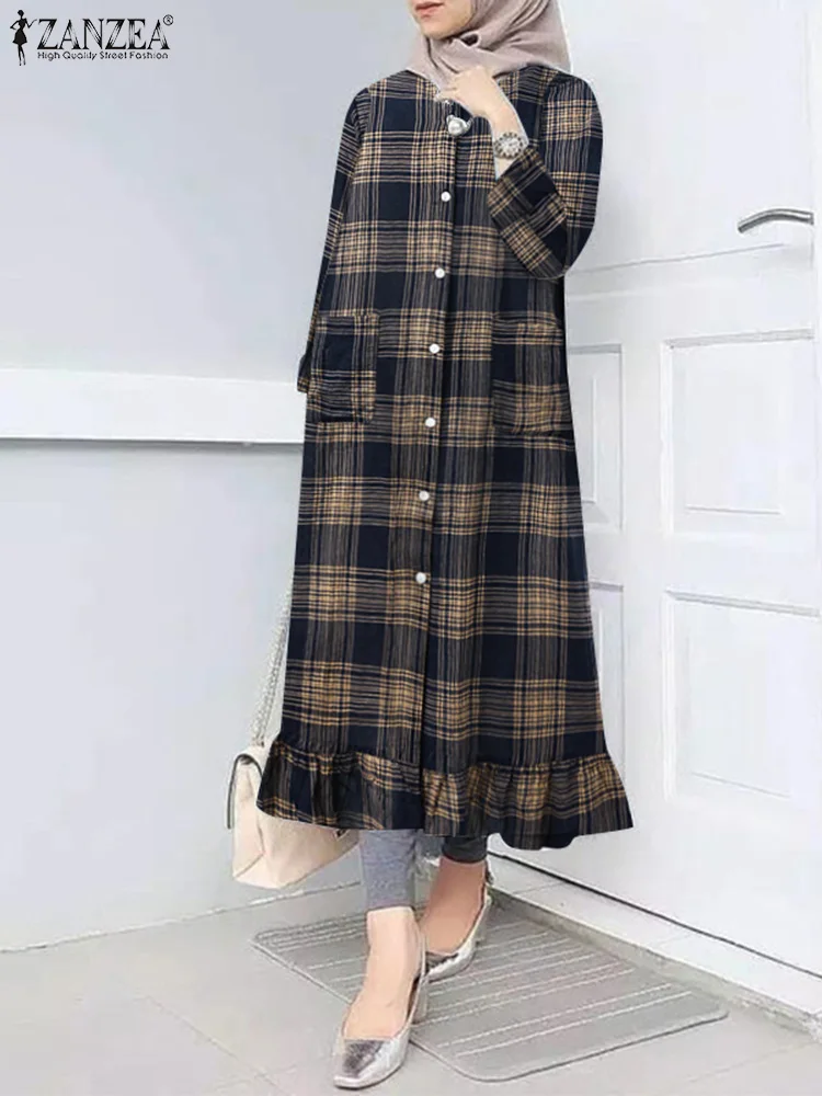 

ZANZEA Women Muslim Vintage Plaid Checked Sundress Spring Long Sleeve Ruffles Hem Midi Sundress Ramadan Abaya Hijab Dress Kaftan