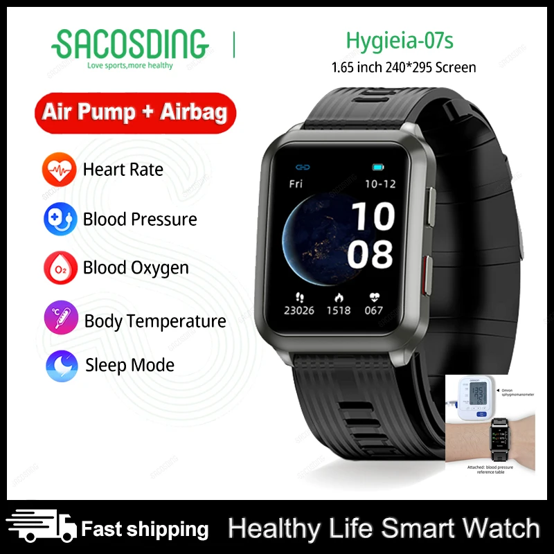 

Hygieia-07s Smart Watch AirPump Airbag Oscillometric Blood Pressure Measurement Blood Oxygen Body Temperature Smartwatch for men