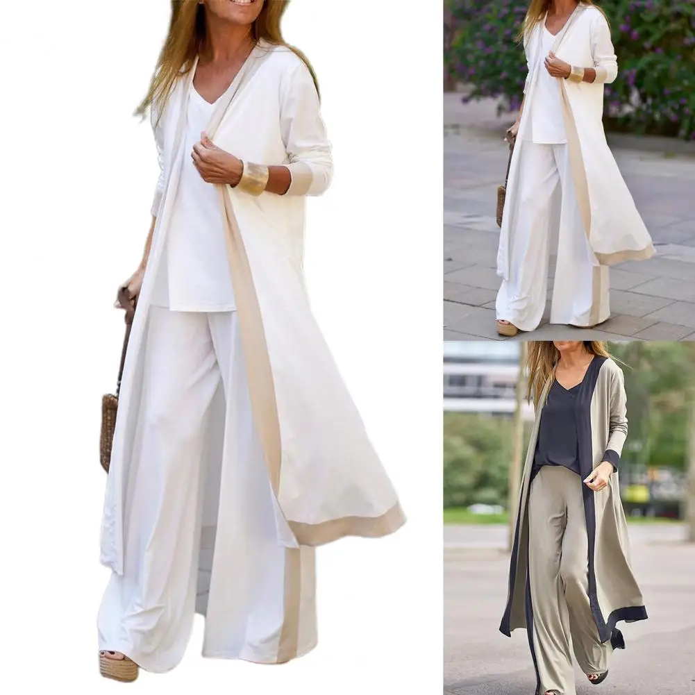 

Elegant Three-Piece Color Block Lady Long Sleeve Coat V Neck Sling Top Mid Waist Pants Cardigan Camisole Pants Elegant