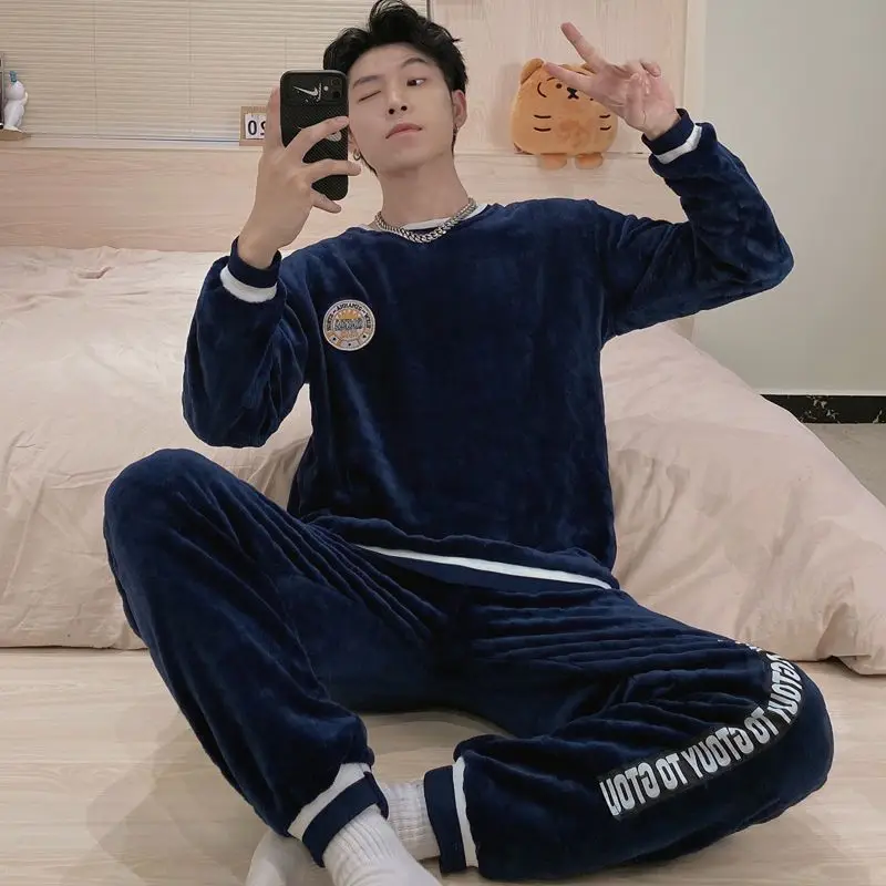 Men's Winter Warm Flannel Pajamas Set 2022 New Fashion Sleepwear Trousers Two-piece French Loose Nightwear Night Clothes Suit