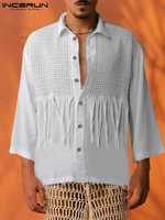 incerun tops 2022 american style mens mesh fringed stitching buttons blouse casual male solid short sleeved lapel shirts s 5xl