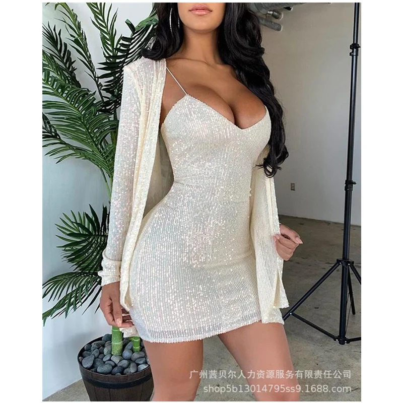 

Mandylandy Women Sexy Dress Set 2 Piece Set Elegant Fashion Sequins Cardigan + Strap Mini Dress Outfits Night Clubwear Tracksuit