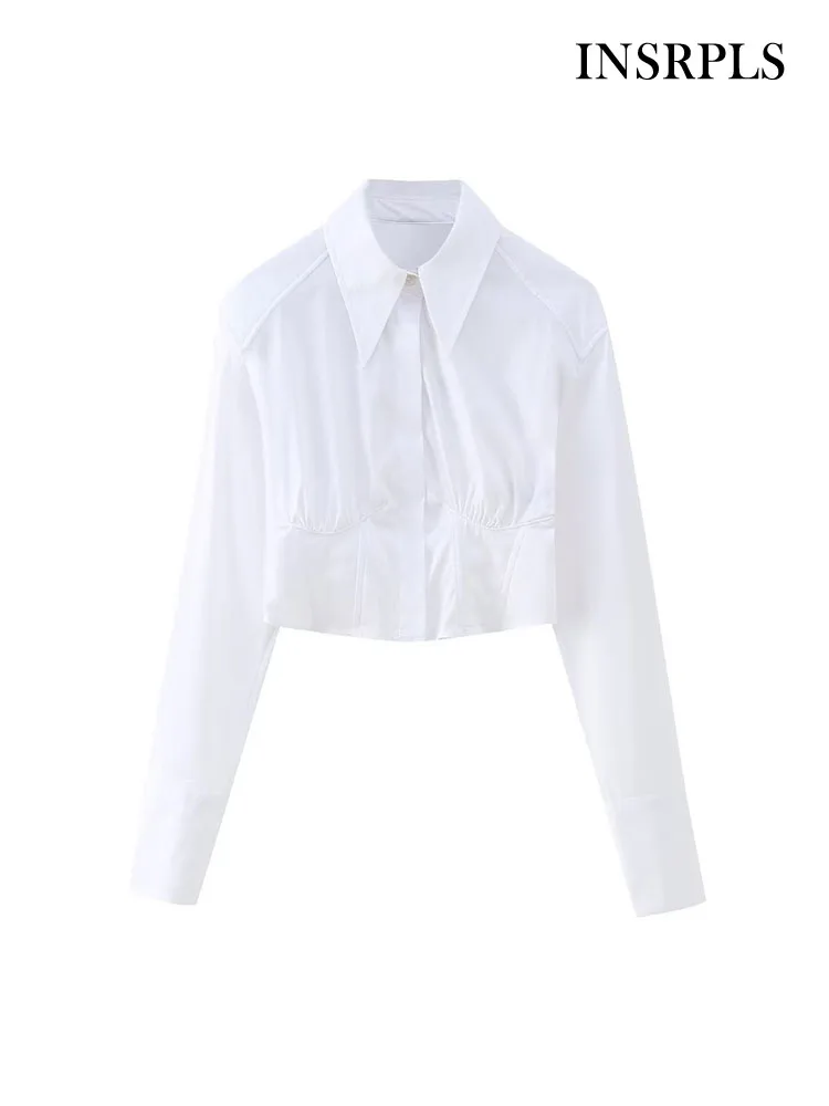 

INSRPLS Women Fashion Cropped White Poplin Shirts Vintage Long Sleeve Button-up Female Blouses Blusas Chic Tops