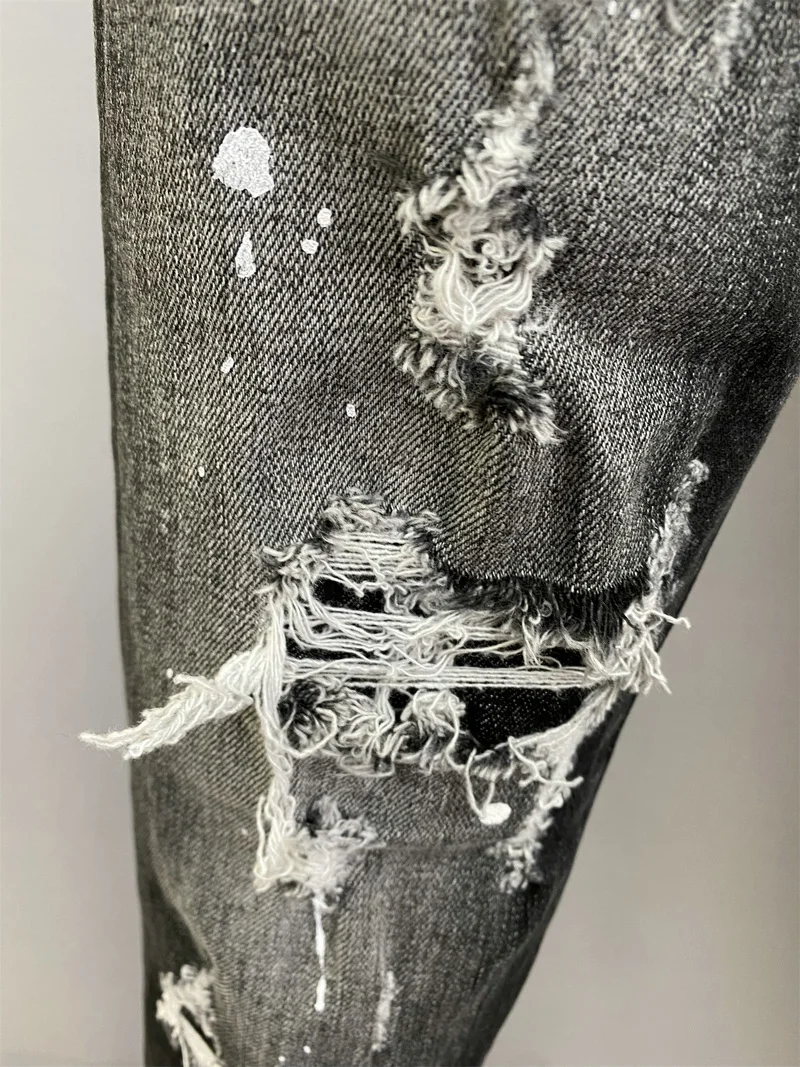 New DSQUARED2 Men's/Women's Washed Hole Patches Paint Distressed Three-Dimensional Cut Slim Stretch Feet Denim Pants 9859