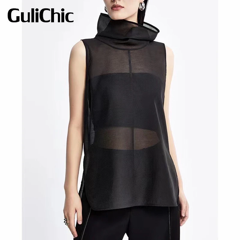 

6.26 GuliChic Women Fashion Turtleneck Sleeveless Thin Mesh See Through Blouse