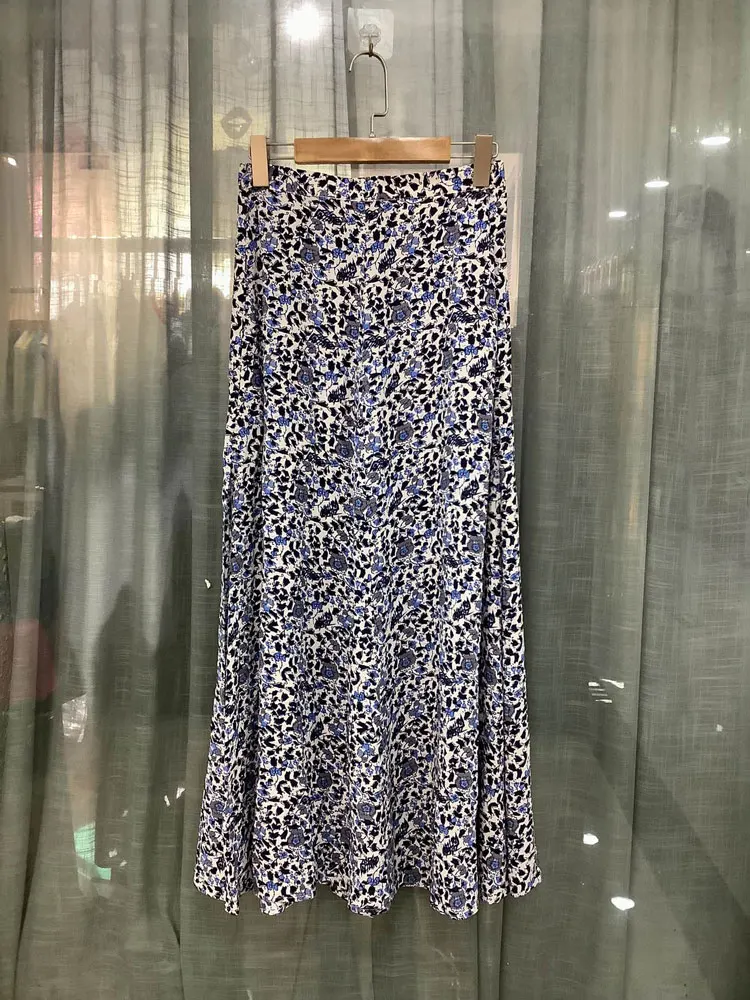 

2022 Spring New 100% Viscose Vintage Print Long Slit Skirt Women Midi Skirt