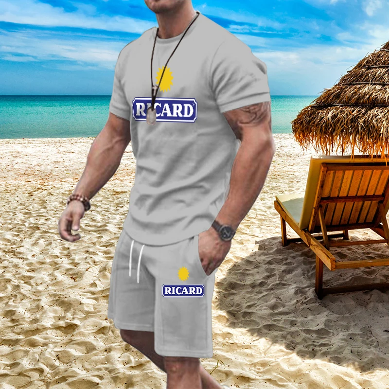 Summer Ricard Men Short Sleeve Shirt Black Tracksuits Set 2 Piece Outfit Suits Fashion Men's O Neck Oversized T-shirt Shorts