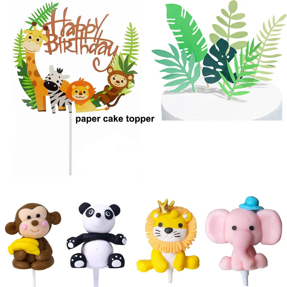 

Jungle Cake Toppers Set Safari Animals Giraffe Lion Soft Clay Turtle Leaf Supplies Child Birthday Cake Decoration 11pcs/Pack
