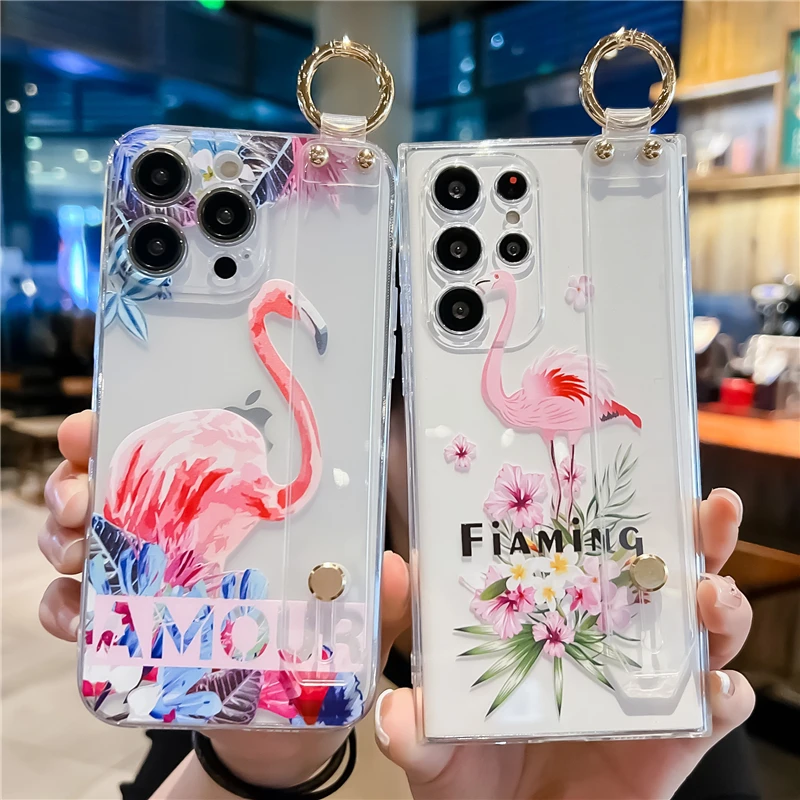 

Fashion Flamingo Phone Holder Case for iPhone 14 Pro 13 12 11 Pro Max XR XS X SE 2020 7 8 Plus Transparent Hand Band Cover Coque