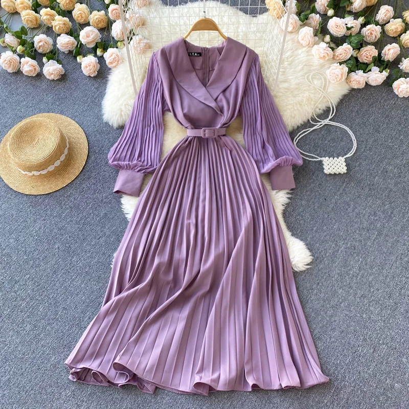 

2022 Mew Vintage Women Pleated Long Dress Female Elegant Notched Collar Lantern Sleeve Draped Maxi Vestidos Spring Jurk Mujer