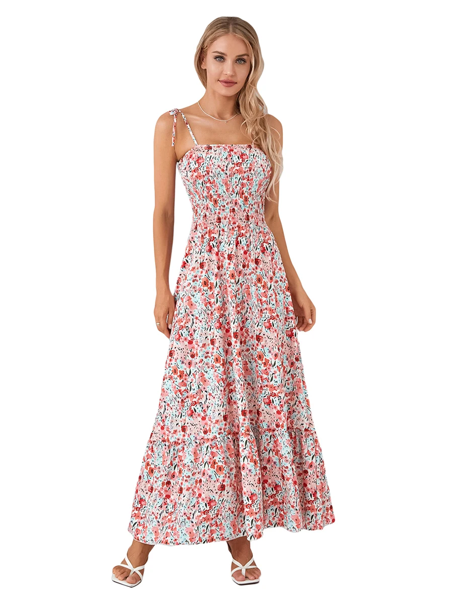 

Women Spaghetti Straps Tie-up Long Dress Floral Print Swing Dress Summer Vacation Party Clubwear