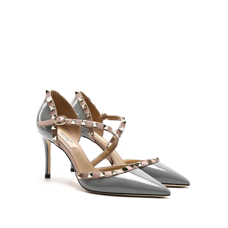 2023 New Patent Leather Summer Women's Stiletto Sandals Classic Brand Rivet High Heels Sexy Pointed Party Wedding Shoes 33-41