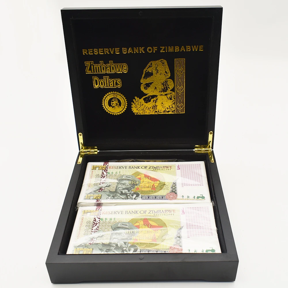 

200pcs / Box Zimbabwe Banknotes One Bicentration Dollars Wooden Box Set with Anti-counterfeiting Logo To Collect Business Gifts