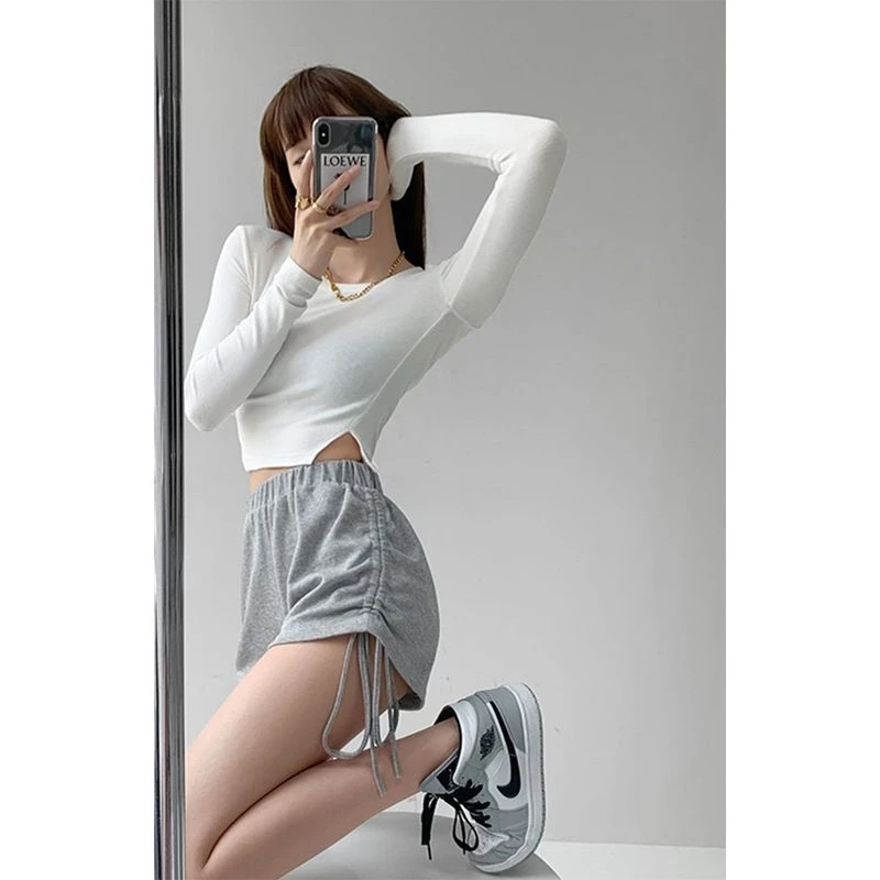 Korean New Girls' Slouchy Drawstring Pleated Sports Shorts Slim High Waist Leg Length Versatile Casual Summer Trendy Pants
