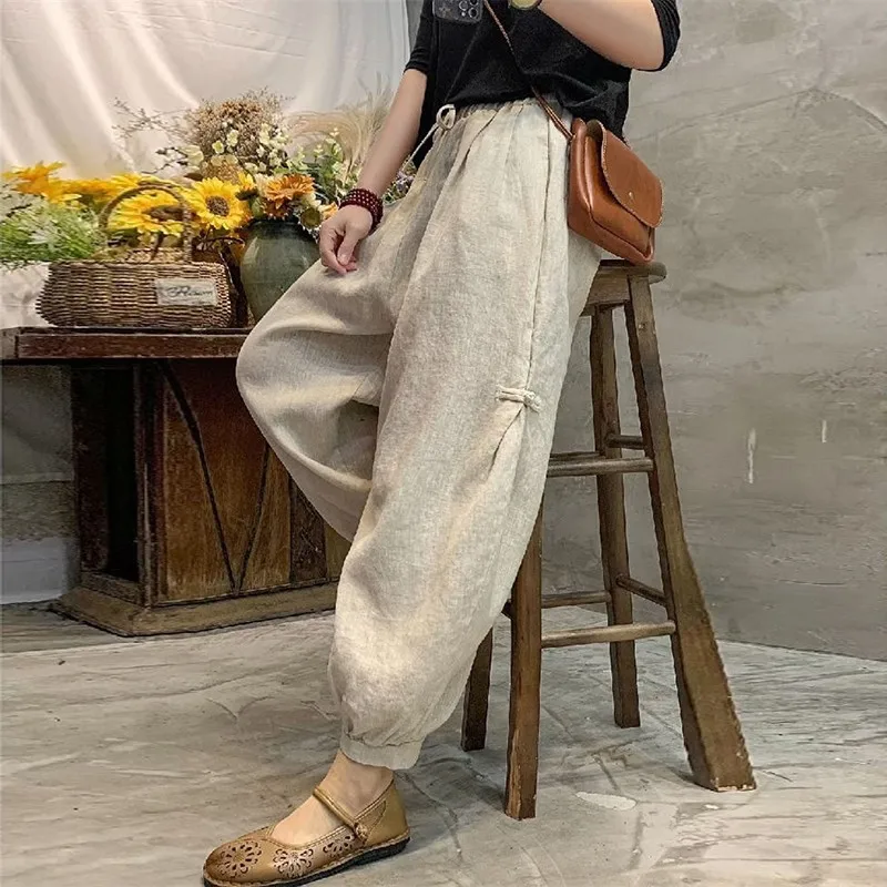

Arts Style New Arrival Summer Women Cotton Linen Button Design Ankle-length Pants Casual Loose Elastic Waist Harem Pants P365