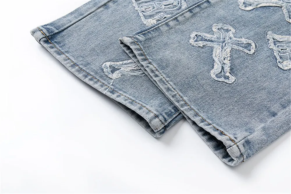 Cross Patch Embroidery Denim Jeans Men Y2k Streetwear Patchwork Hip Hop Oversize Straight Leg Casual Pants Cotton Trousers Male