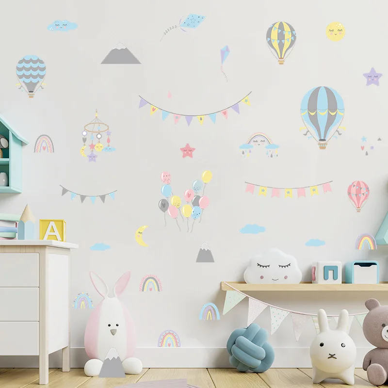 

Мультяшные воздушные шары, флажки, радужные наклейки на стену, детская комната, спальня, детская комната, домашнее украшение, настенные накл...