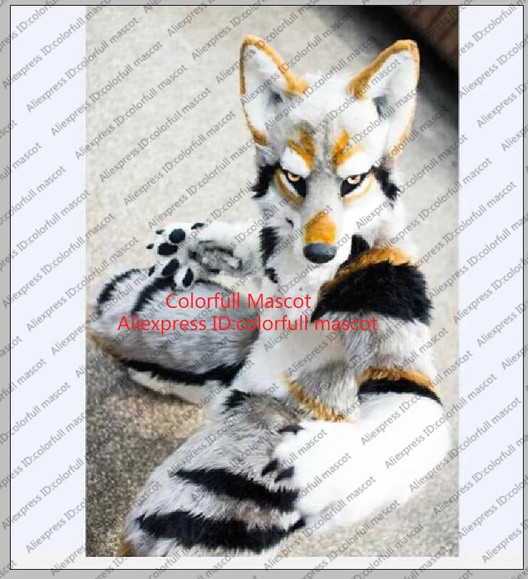 Grey White Long Fur Furry Husky Dog Wolf Fox Fursuit Mascot Costume Adult Halloween Carnival Fancy Party Cosplay