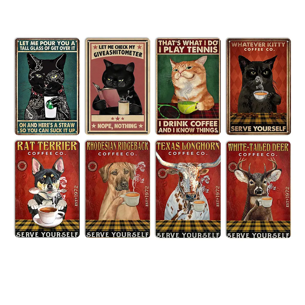 Винтажные черные Коты тату кофейные жестяные знаки животные Настенный декор