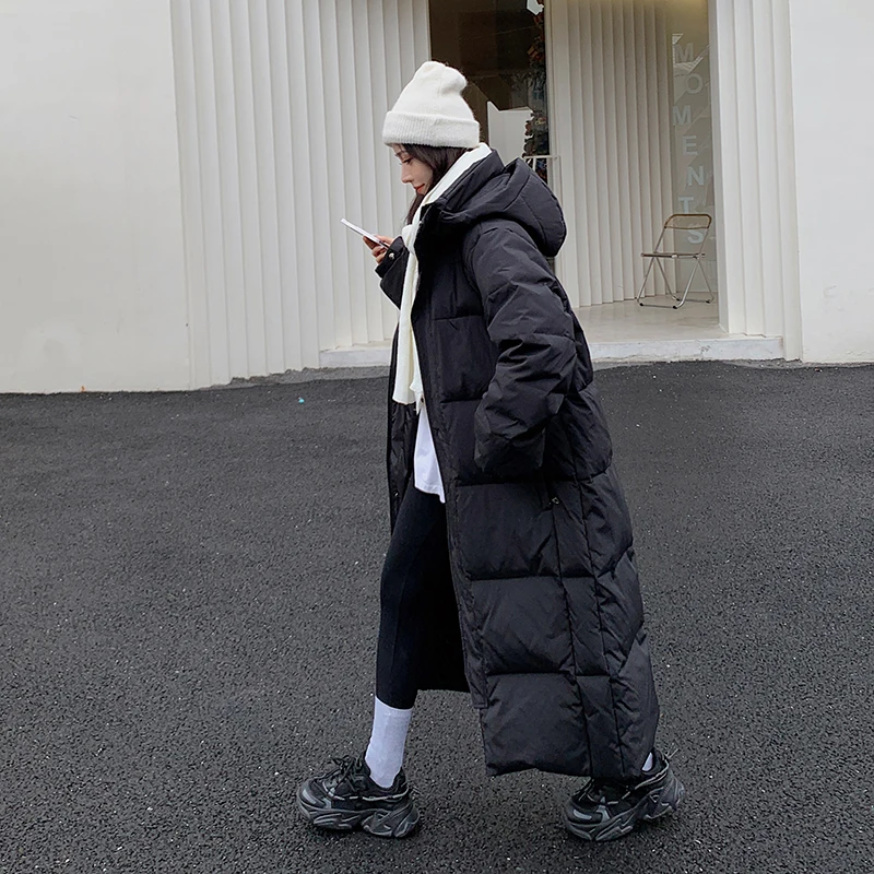 Women's Black Down Jacket Hooded Long Cotton Clothes Winter Warm Thicken Windproof Korean Fashion Loose Oversized Coat Tops