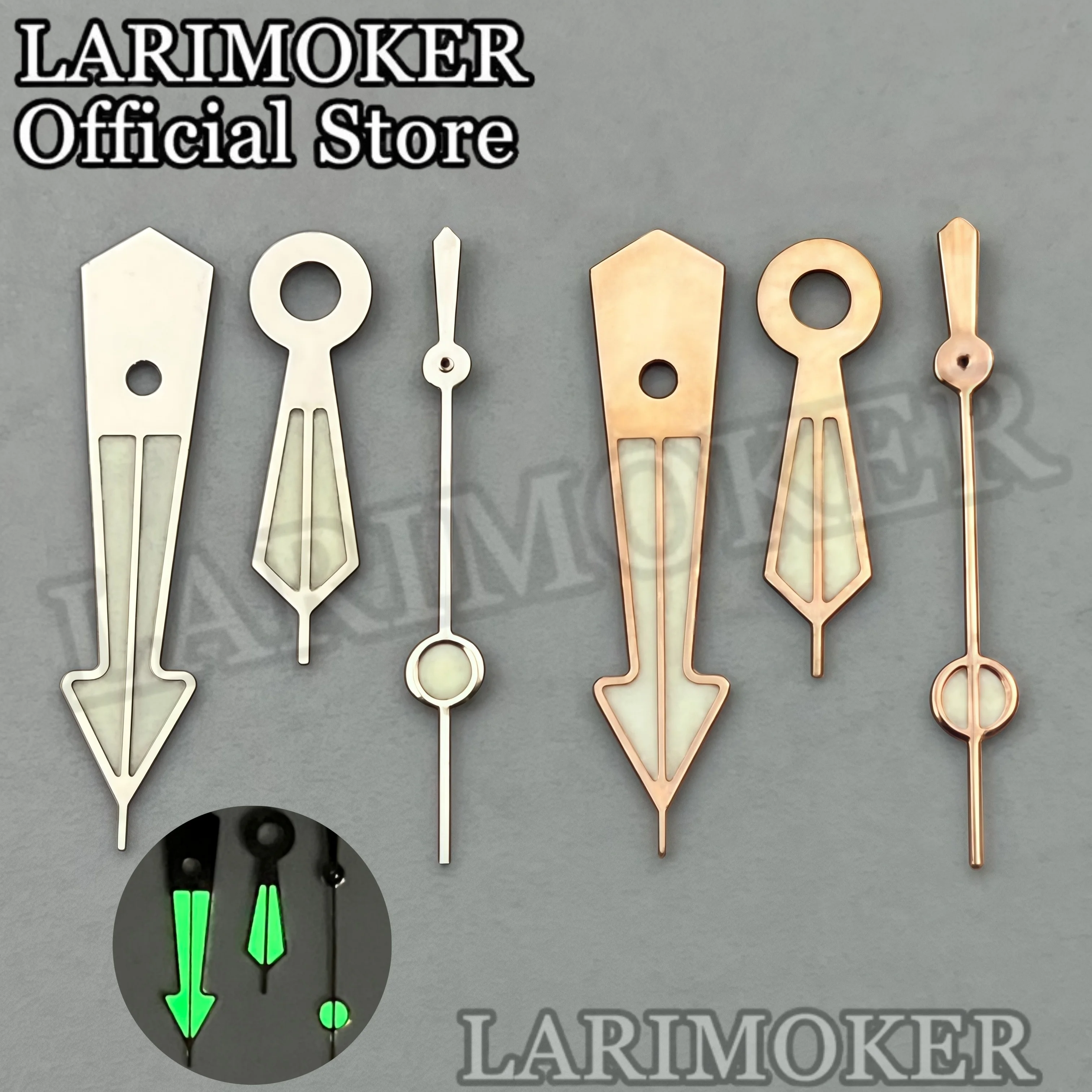 Фото Стрелки для часов LARIMOKER 12 мм x 11,3 мм x 8,5 мм, серебристо-золотистые, с зеленым люминесцентным покрытием, для механизмов NH34, NH35, PT5000, аксессуары для часов, подходят для циферблата 29 мм. №1