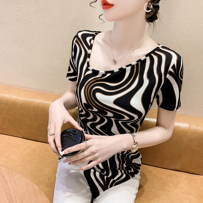

Women's Clothes Skew Neck Printed Shirts Summer 2023 Short Sleeve Tees Irregular T Shirt Skew Collar Tshirt Office Lady Slit Top