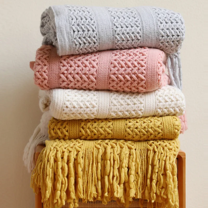 

Nordic Tasseled Decorative Blanket Crochet Fringed Solid Color Sofa Throw Blankets Light Soft Bed Cover
