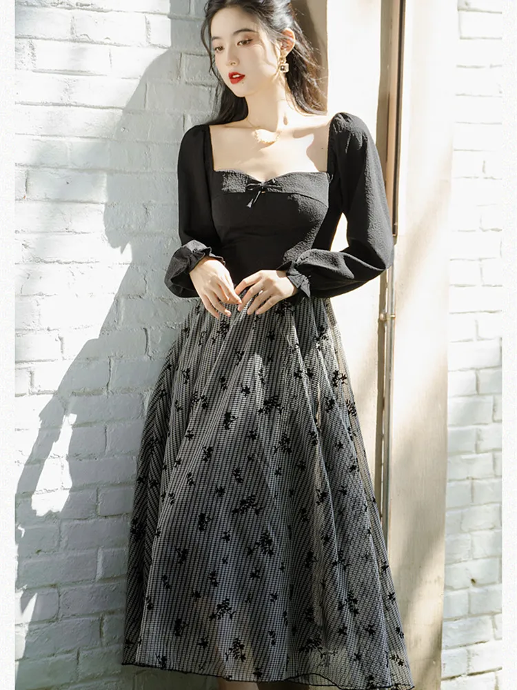 

Square Collar Sexy French Style Dresses For Women 2023 Long Sleeve Flocking Flower Chic Mesh Patchwork Vintage Robe Vestidos