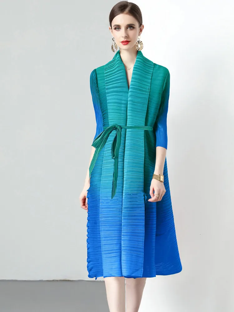 

New Fashion Miyake Pleated Gradinet Color Dress Women Sexy V Neck Lace Up Mid-Length Dresses New Spring Loose Casual Clothing