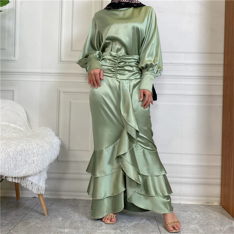 Islamic New Satin Round Neck Shirt Long Sleeve Ruffled Half Skirt Solid Color Slim Fit Muslim Women's Long Dress Two Piece Set