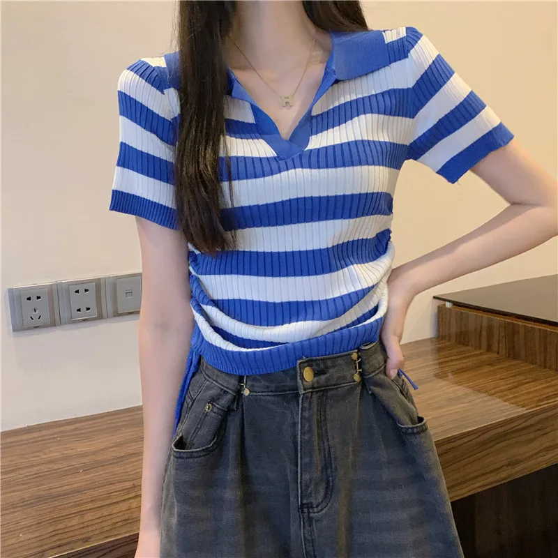 

New Chic Bandage Striped Knit Tees Tops For Women Summer Fashion Polo Collar Short Sleeve T Shirt Woman Casual Short Top