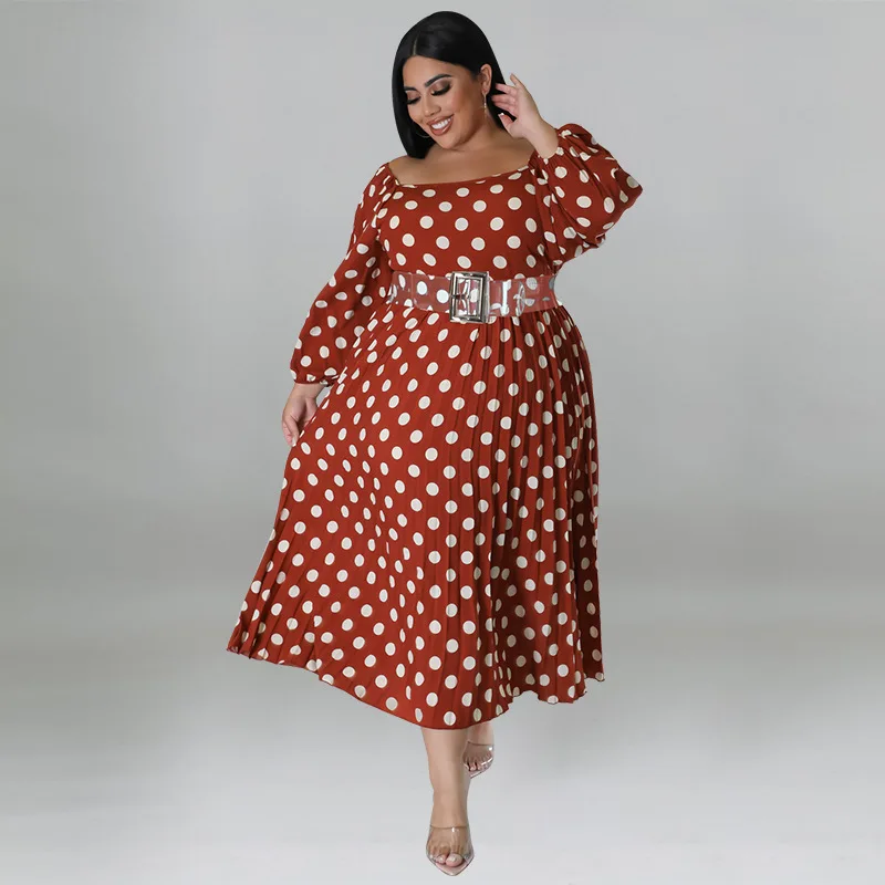 Plus Size Dress Long Sleeve Mid-Calf Belt Lantern Sleeve Square Collar Party Dresses Evening Dresses Elegant Dresses for Women