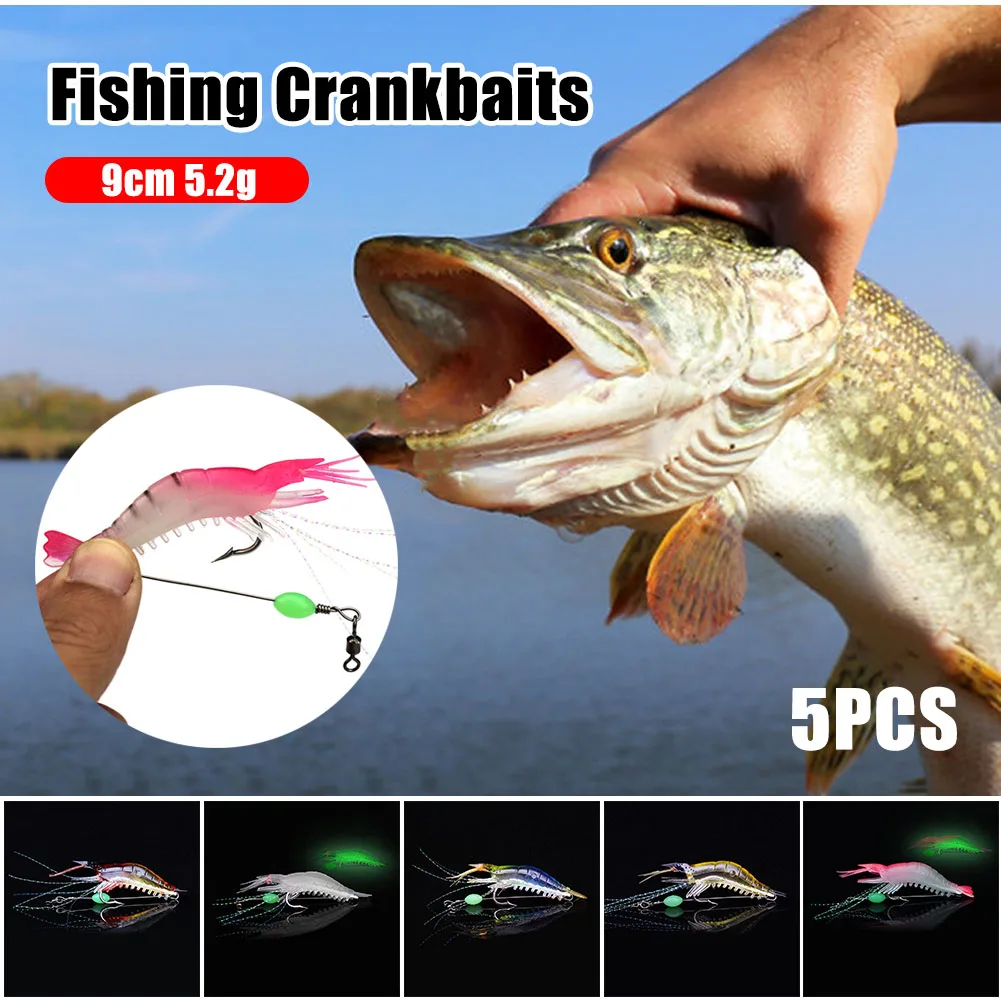 

5pcs 9cm 5.2g Luminous Shrimp Silicon Soft Artificial Bait With Hooks Swivels Anzois Para Pesca Sabiki Rigs Fishing Tackle