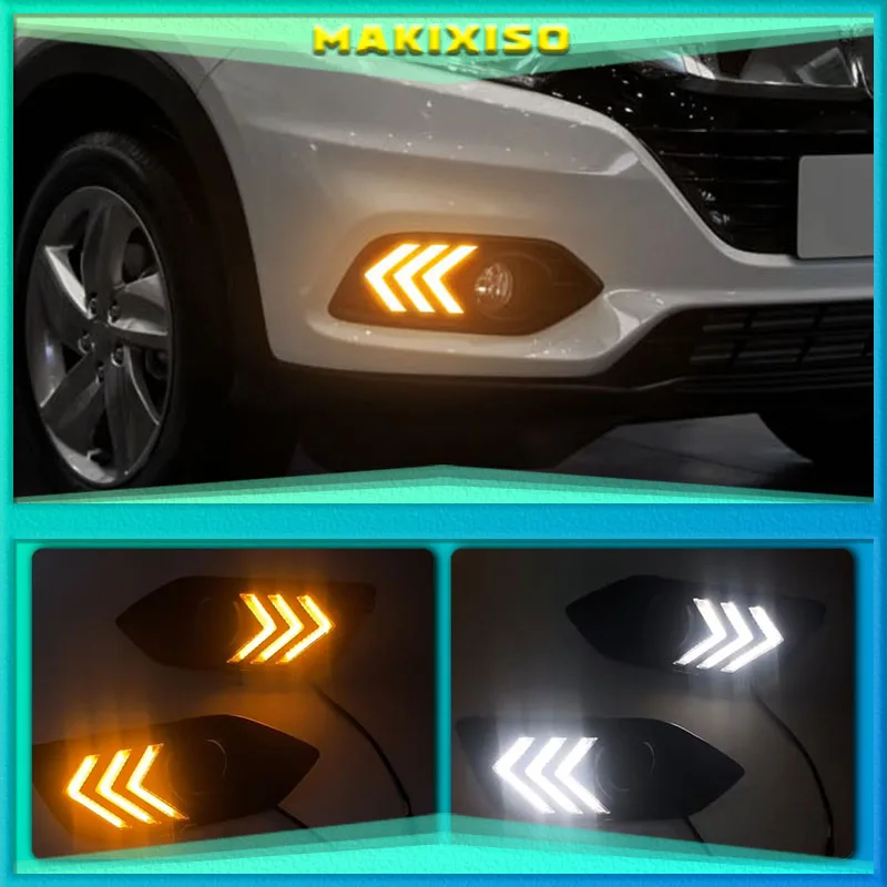 

Светодиодные дневные ходовые огни, 2 шт., 12 В, Автомобильные дневные ходовые огни, противотуманные фары, украшение для Honda HRV HR-V Vezel 2019, желтая функция указателя поворота