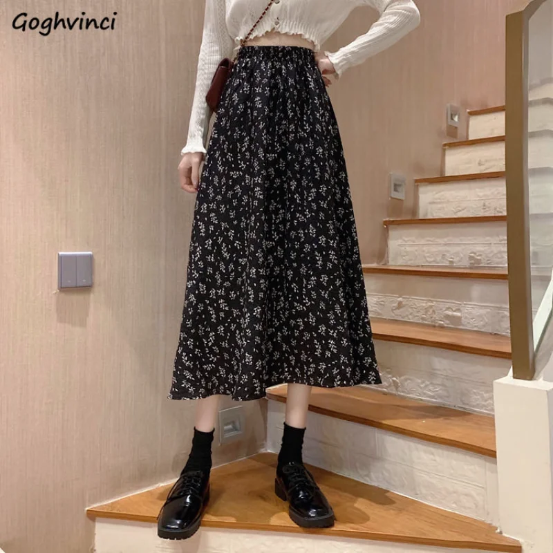 

Skirts Women Elegant Print Vintage Soft Autumn Fashion Empire All-match A-line Feminine Mid-calf Harajuku Preppy Style Tender