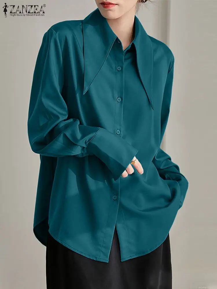 

ZANZEA Satin Shirts for Women Casual Solid Fashion OL Spring Autumn Dating Blusas Streetwears Oversized Long Sleeve Tops Tunic