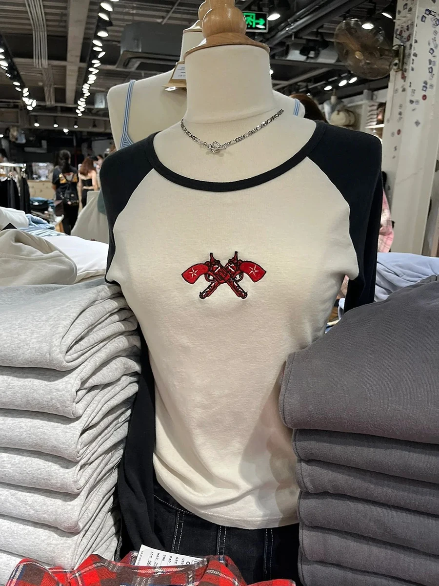 Женская футболка с длинными рукавами и вышивкой Guns осенние лоскутные хлопковые